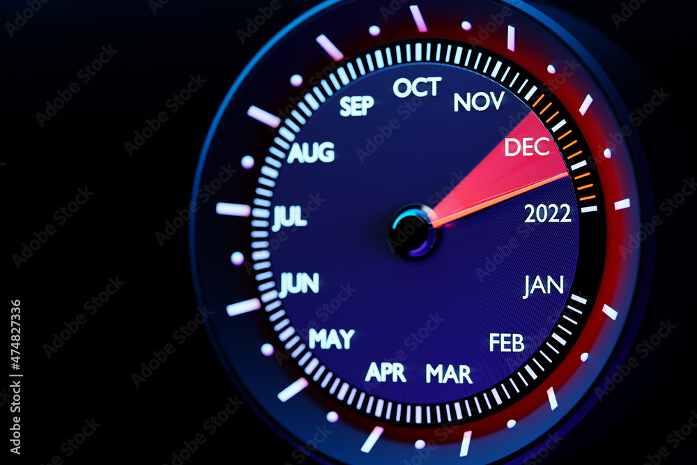 3D illustration close up black speedometer with cutoffs 2021,2022 and calendar months. The concept of the new year and Christmas in the automotive field. Counting months, time until the new year. 3D illustration close up black speedometer with cutoffs 2021,2022 and calendar months. The concept of the new year and Christmas in the automotive field. Counting months, time until the new year.