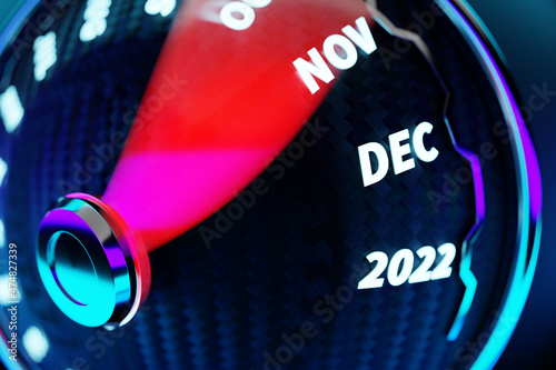 3D illustration of a detailed speedometer close-up showing the end of 2021 and the beginning of 2022. Counting months, time until the new year.
