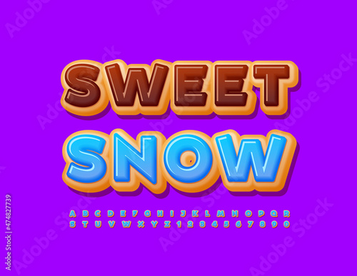 Vector funny Sign Sweet Snow. Unique Donut Font. Blue glazed Donut Alphabet Letters and Numbers set. 