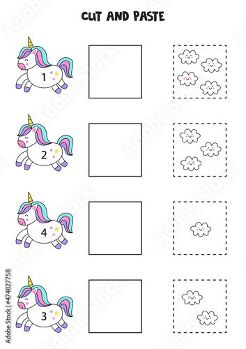 Math game for kids. Count and paste cute kawaii clouds.