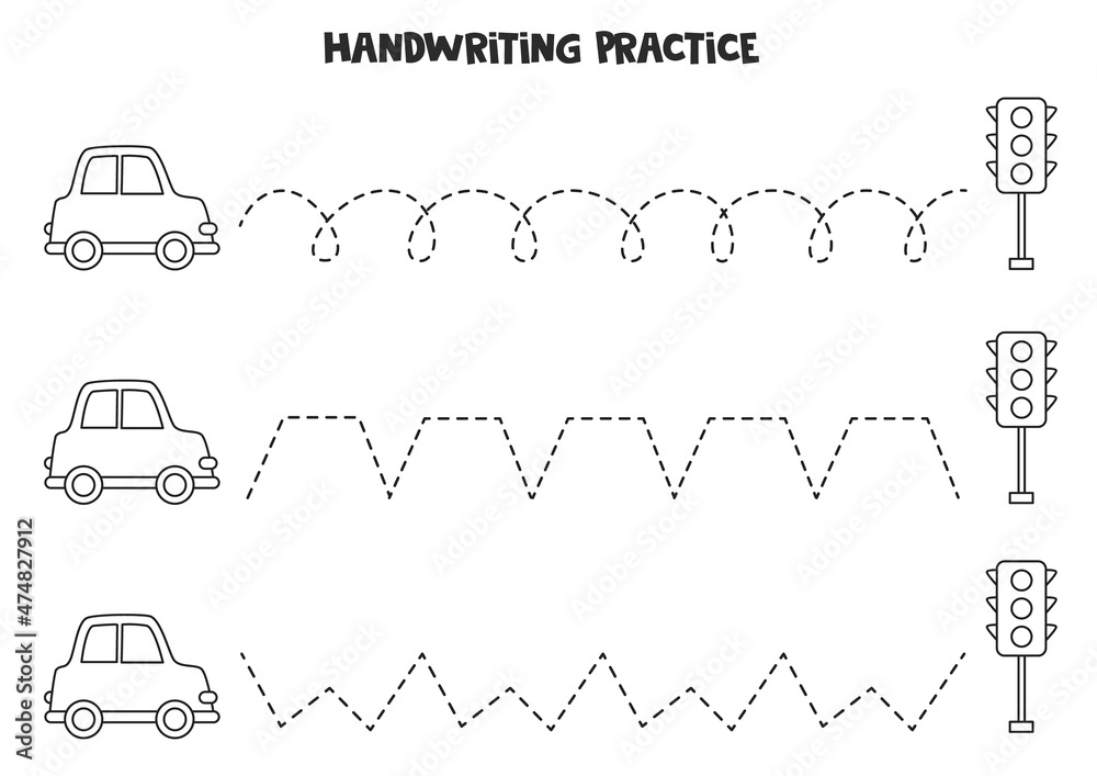 Tracing lines with cartoon cars and traffic lights. Writing practice ...