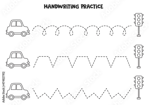 Tracing lines with cartoon cars and traffic lights. Writing practice.