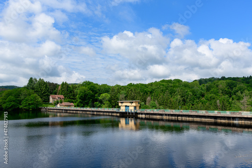 The Lac de Chaumecon dam in Europe, France, Burgundy, Nievre, Morvan, in summer, on a sunny day.