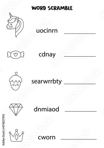 Puzzle for kids. Word scramble for children. Black and white unicorn elements.