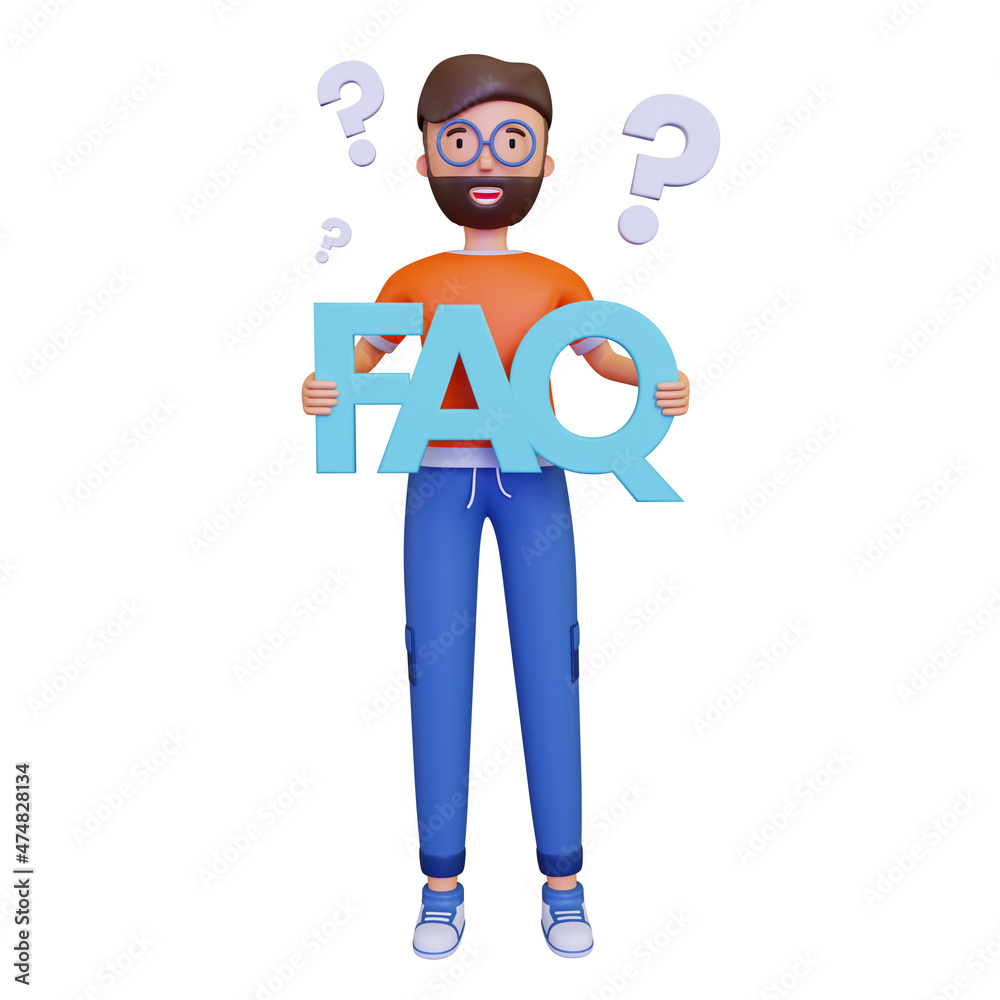 Man holding FAQ banner. Frequently Asked Questions. Illustration in a simple and minimalist style. 3d concept illustration Man holding FAQ banner. Frequently Asked Questions. Illustration in a simple and minimalist style. 3d concept illustration