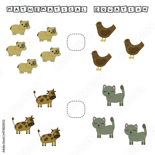 Developing activities for children, compare which more hamsters, chickens, cows, cats. Logic game for children, mathematical inequalities.