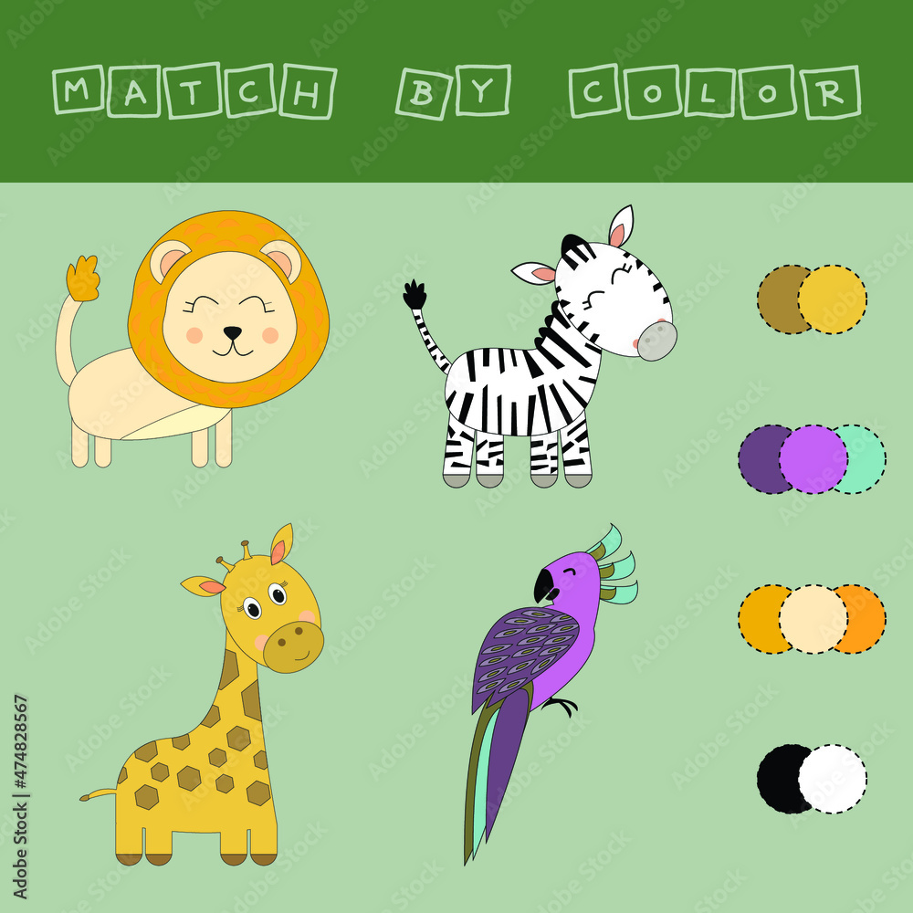 Naklejka premium worksheet vector design, challenge to connect the wild animals with its color. Logic game for children.