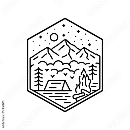 bonfire and campfire wilderness in mono line art, badge, emblem, T-shirt vector, Tee Design