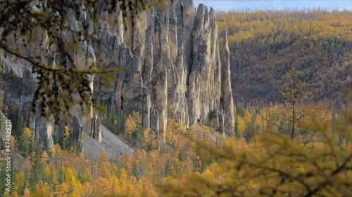 Lena Pillars cliff tops unique nature Russia Sakha Yakutia natural landscape serpentine river vertical stones. Reserve from great height. Forest taiga pine. Untouched wild. Mystical places of power photo
