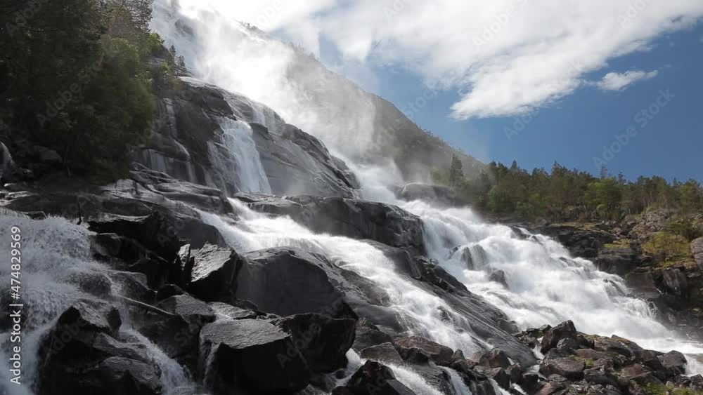 Latefossen is one of the most visited waterfalls in Norway and is located near Skare and Odda in the region Hordaland, Norway. Consists of two separate streams flowing down from the lake Lotevatnet. Latefossen is one of the most visited waterfalls in Norway and is located near Skare and Odda in the region Hordaland, Norway. Consists of two separate streams flowing down from the lake Lotevatnet.