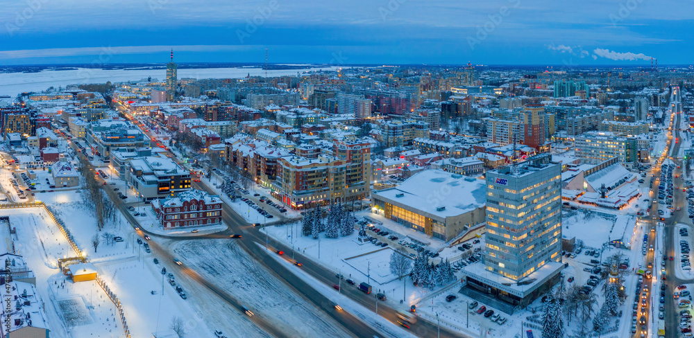 Panoramic aerial view of Arkhangelsk on cold winter evening, Russia.