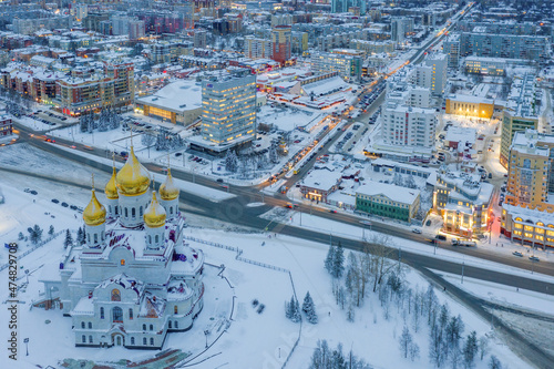 Drone view of Mikhailo-Arkhangelsky Cathedral on winter day. Arkhangelsk, Russia.