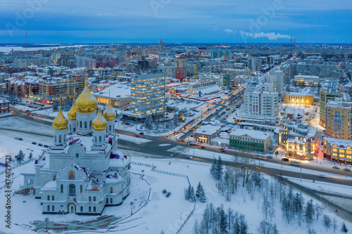Aerial view of Mikhailo-Arkhangelsky Cathedral. Arkhangelsk, Russia.