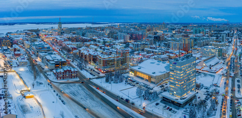 Panoramic aerial view of Arkhangelsk on cold winter evening  Russia.