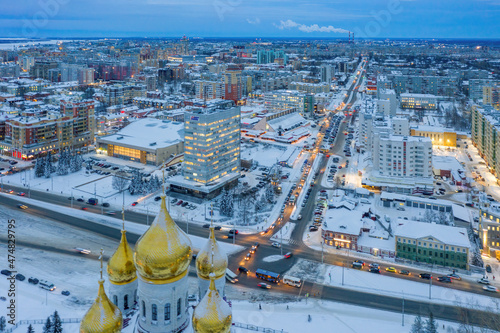 Aerial view of Arkhangelsk and Mikhailo-Arkhangelsky Cathedral on cloudy winter evening  Russia.