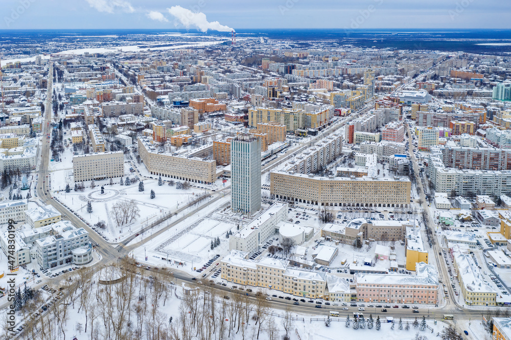 Drone view of Arkhangelsk on cold winter day, Russia.