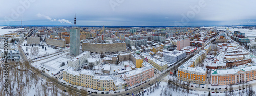 Aerial view of Arkhangelsk on cold winter day. Russia.