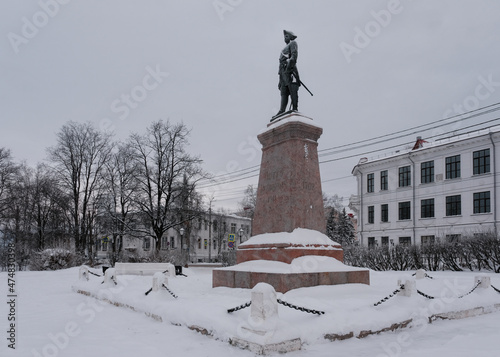 View of Peter The Great monument on cloudy winter day. Arkhangelsk, Russia.
