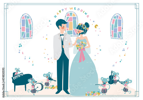 ねずみたちが祝福するウェディングイラスト