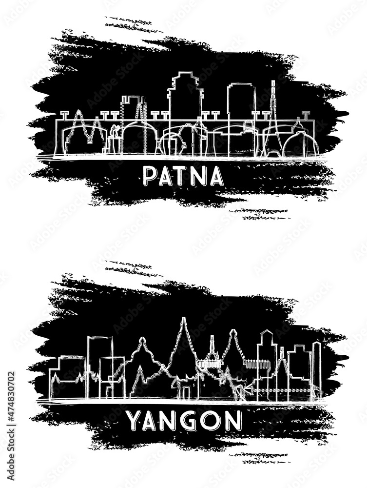 Yangon Myanmar and Patna India City Skyline Silhouette Set.