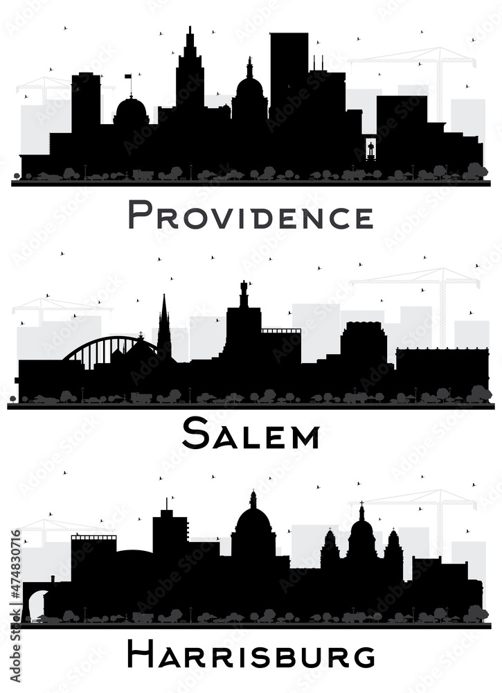 Salem Oregon, Harrisburg Pennsylvania and Providence Rhode Island City Skyline Silhouette Set.