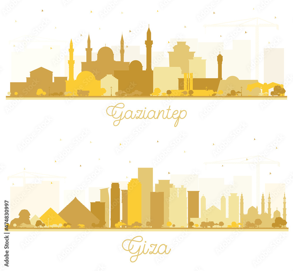 Giza Egypt and Gaziantep Turkey City Skyline Silhouette Set.