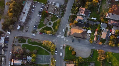 California Beach town main street. Top down aerial drone shot of Stinson Beach, California. photo