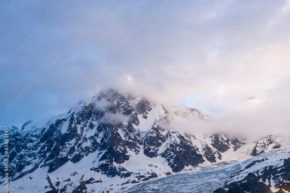 The Aiguille du midi in the Mont Blanc massif in Europe, France, the Alps, towards Chamonix, in summer, on a sunny day.