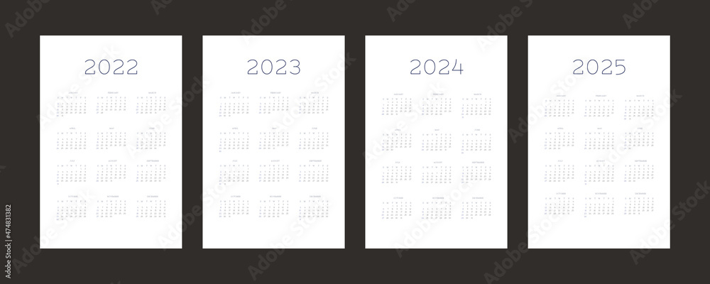 Obraz premium 2022 2023 2024 2025 calendar individual schedule template in minimalist trendy style. Week starts on sunday