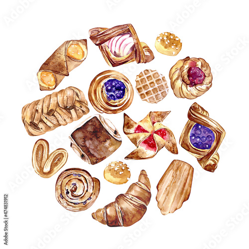 Watercolor fcollection of breakfast pastries © darina.ill