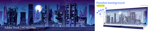 Destroyed buildings on city street after war or natural disaster at night. Vector parallax background with cartoon cityscape with abandoned broken houses with smoke, cracked road and moon in sky