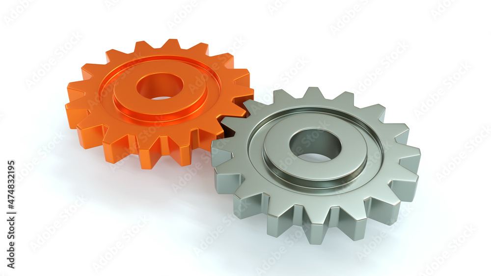 Two Cogwheels Powering Each Other 3d Illustration on White Background. Concept of Collaboration Using Mechanical Gears. Two Cogwheels Powering Each Other 3d Illustration on White Background. Concept of Collaboration Using Mechanical Gears.