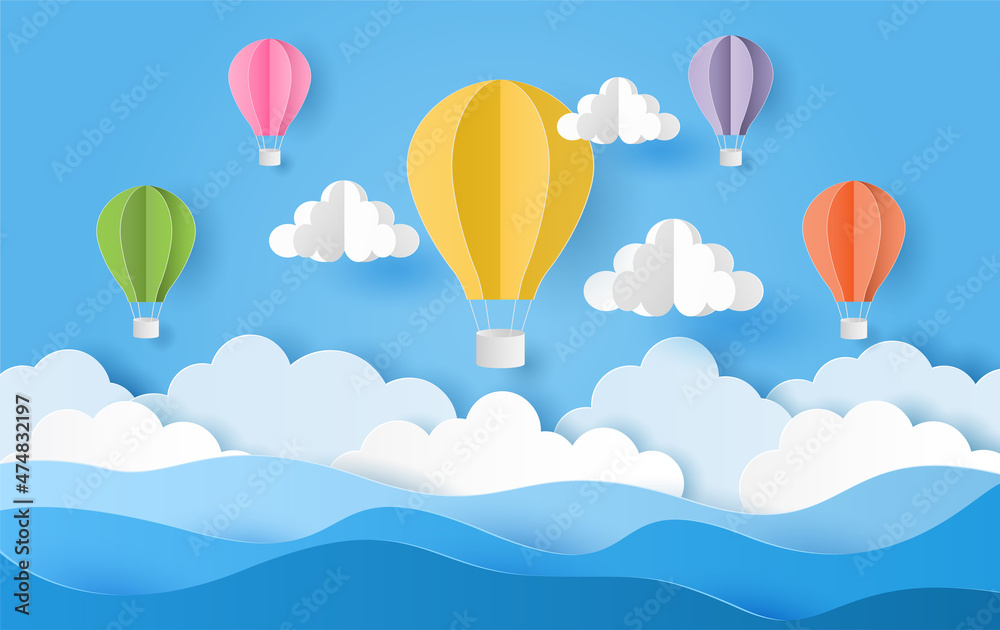 Paper cut style of colorful hot air balloons and cloud over the sea with blue sky. Vector illustration
