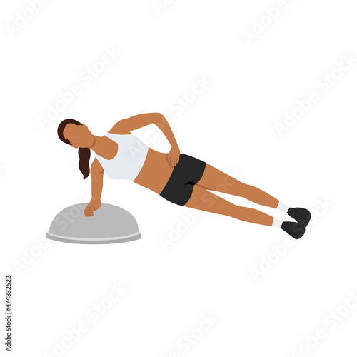 Woman doing Bosu ball side plank exercise. Flat vector illustration isolated on white background