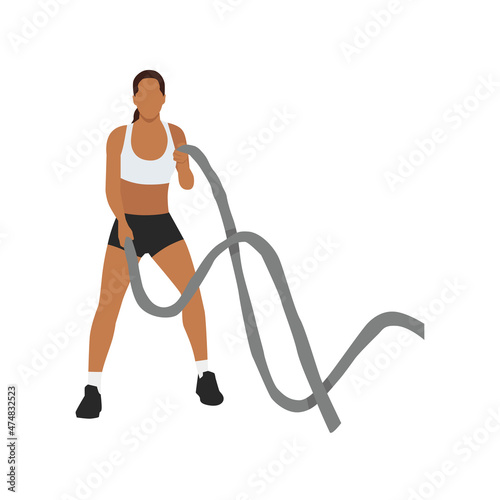 Woman doing Battle rope snakes exercise. Flat vector illustration isolated on white background