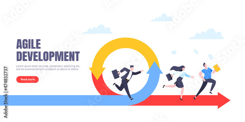 Agile development methodology business concept flat style design vector illustration isolated on white background. Agile life cycle for software development diagram. Business person run into project.