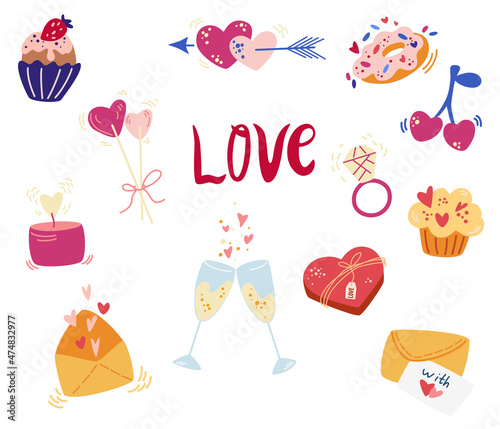 Valentine's Day elements collection. Template for cards and banner design. Big set of romantic items, Hearts, sweets, champagne, cupcakes, gifts, ice cream and other. Hand draw vector illustration.