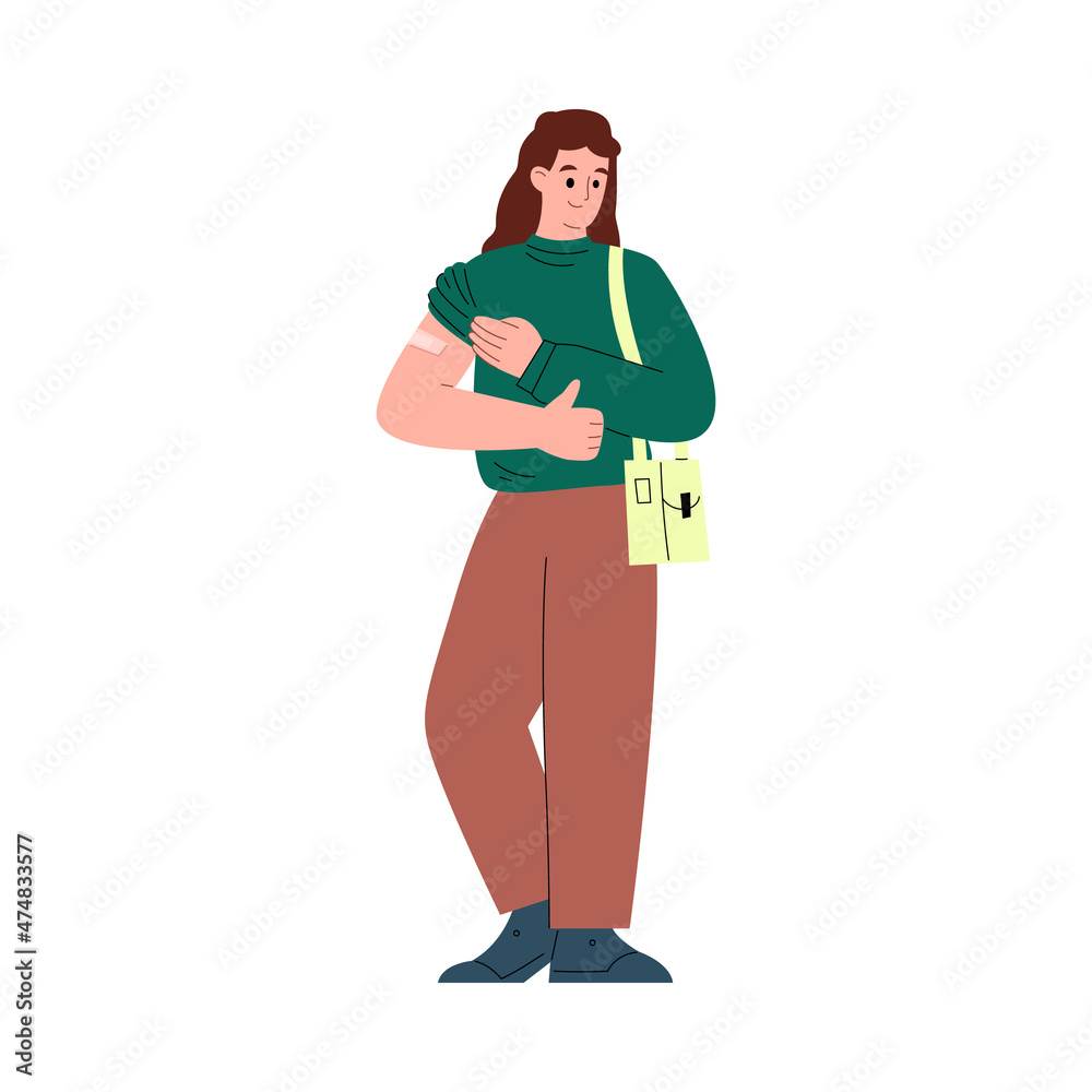 Woman after vaccination standing smiling, flat vector illustration isolated.