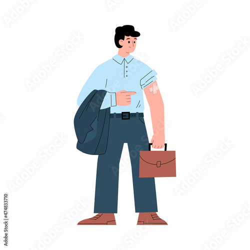 Vaccinated against coronavirus businessman, flat vector illustration isolated.