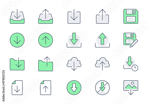 Download line icons. Vector illustration include icon - upload, cloud storage, folder, arrow, document, diskette, floppy disk outline pictogram for web button. Green Color, Editable Stroke