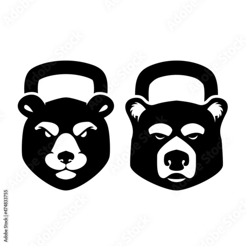 Fitness kettlebell with bear head. Design element for logo, emblem, sign, poster, t shirt. Vector illustration