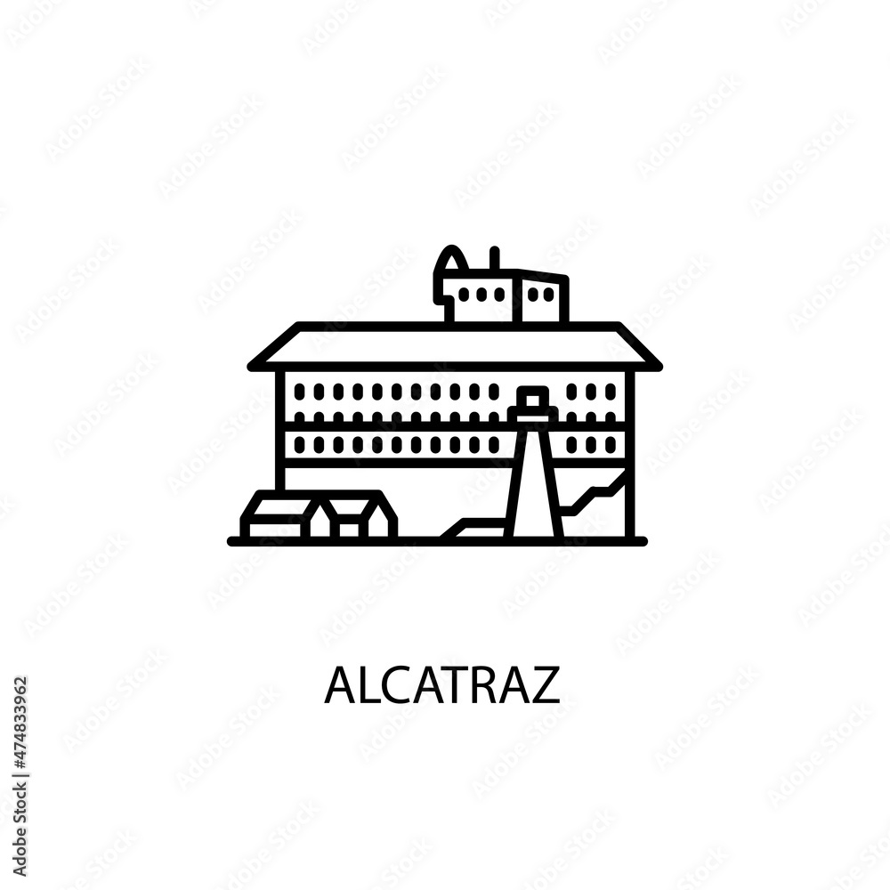 Alcatraz, San Francisco Bay, California, U.S. Outline Illustration in vector. Logotype