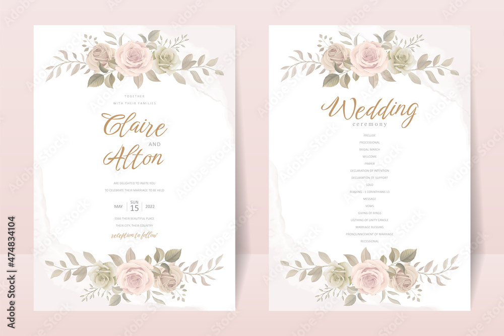 Wedding invitation template set with floral and leaves decoration Wedding invitation template set with floral and leaves decoration