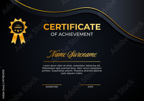 Certificate of achievement template with black, white and gold color. Trendy certificate design