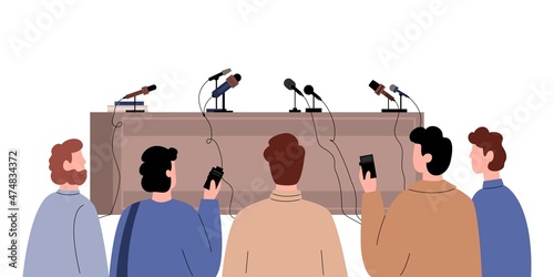 Journalists and reporters with dictaphones waiting for press conference to begin. Empty podium with microphones at forum