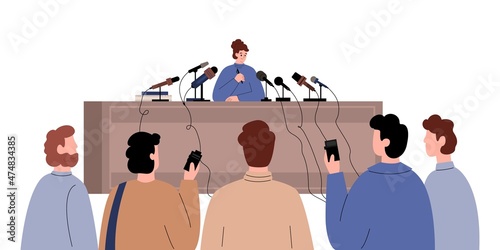 Press conference vector concept. Female speaker answer questions at convention, congress or movie campaign. Public talk