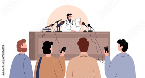 Doctor at press conference making announcement or tell news about Coronavirus or COVID pandemic. Vector illustration.