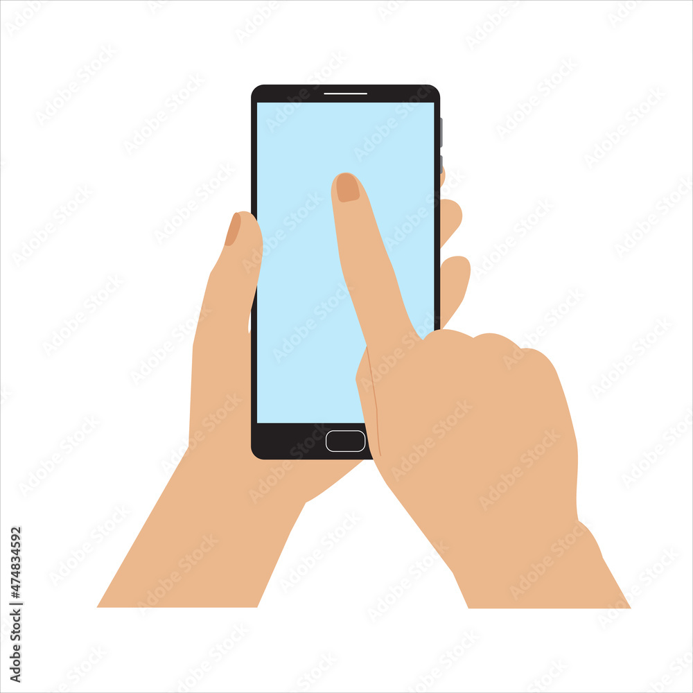 Hands holding smartphone, flat style, catroon.Mobile device with blank screen.Flat style,minimalist design.Space for your picture or text.Template, mock-up.Isolated.Vector illustration Hands holding smartphone, flat style, catroon.Mobile device with blank screen.Flat style,minimalist design.Space for your picture or text.Template, mock-up.Isolated.Vector illustration