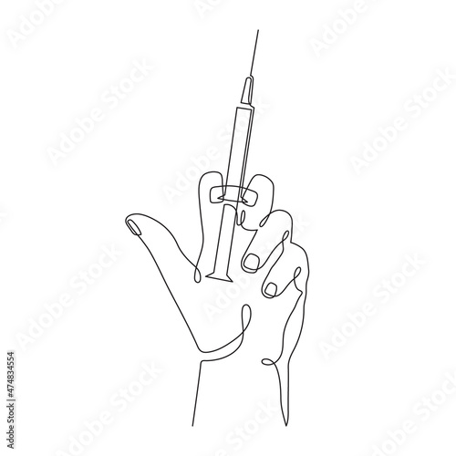 Hand holding syringe,one line art,continuous contour,hand drawn. Coronavirus vaccination,health care injection, treatment,preventive measures.Medical concept,injection dose.Editable stroke.Isolated.