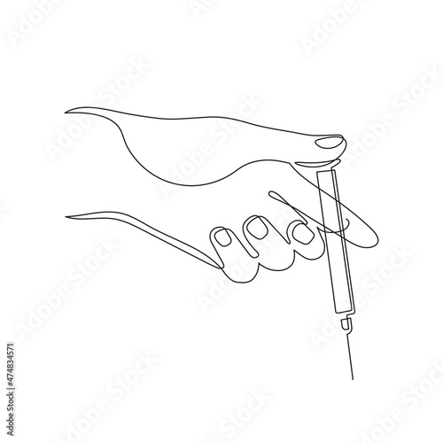 Hand holding syringe,one line art,continuous contour,hand drawn. Coronavirus vaccination,health care injection, treatment,preventive measures.Medical concept,injection dose.Editable stroke.Isolated.